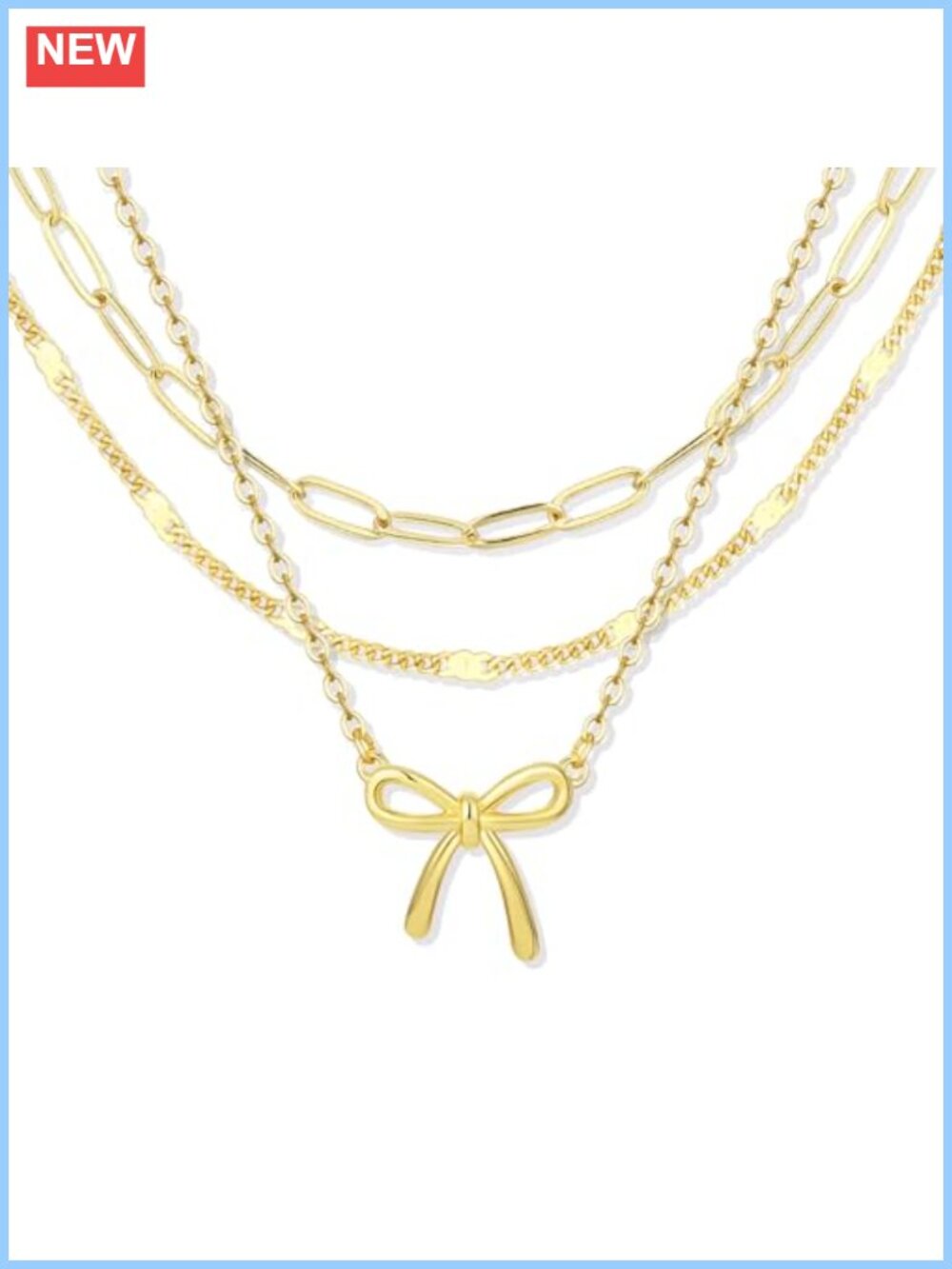 14K Gold Plated Bow Layered Necklace Set 3 Pc Waterproof